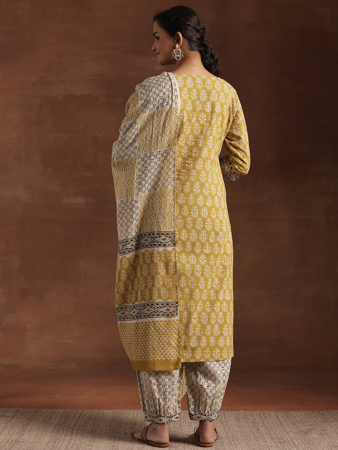 Olive Printed Cotton Straight Suit With Dupatta
