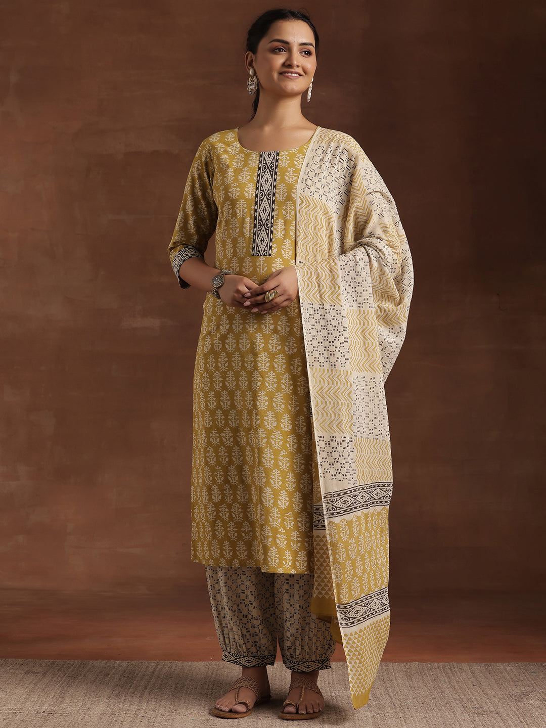 Olive Printed Cotton Straight Suit With Dupatta