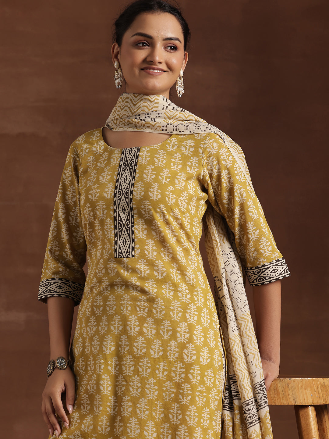 Olive Printed Cotton Straight Suit With Dupatta