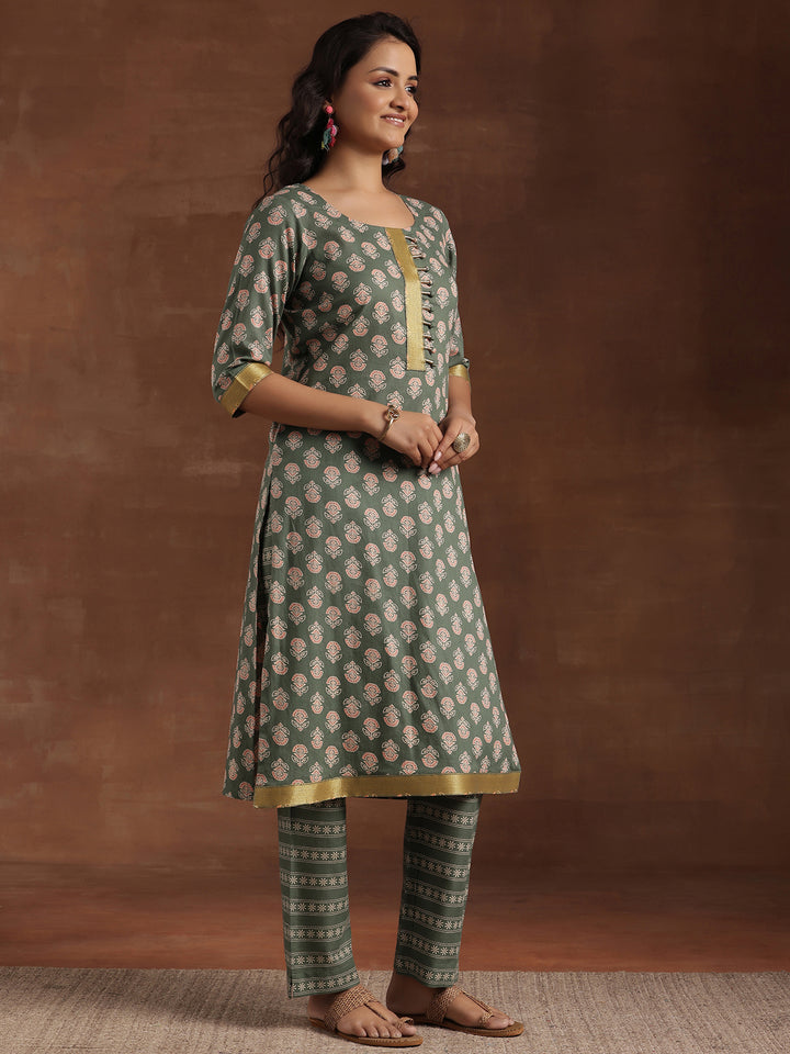 Green Printed Cotton Straight Suit With Dupatta