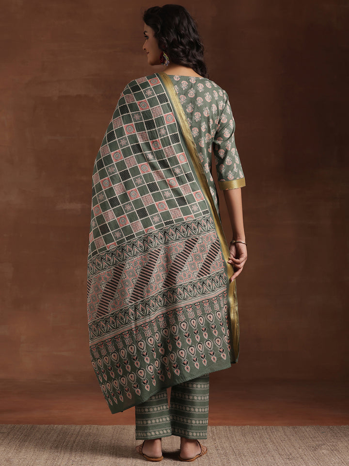 Green Printed Cotton Straight Suit With Dupatta