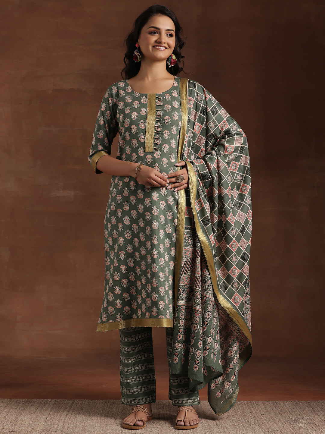 Green Printed Cotton Straight Suit With Dupatta