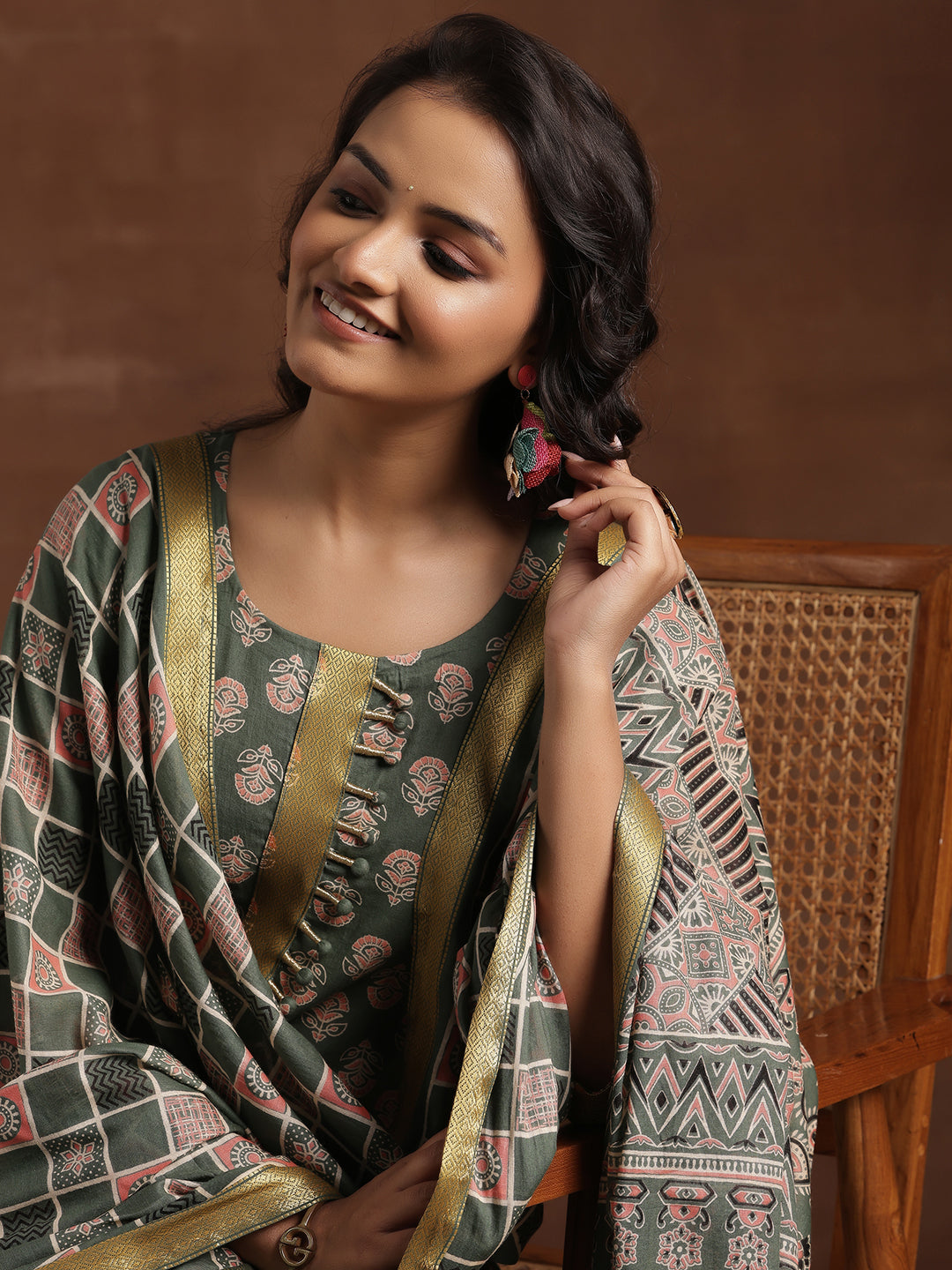 Green Printed Cotton Straight Suit With Dupatta