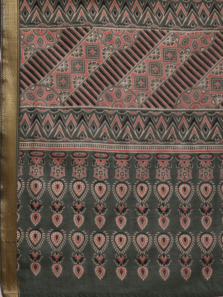 Green Printed Cotton Straight Suit With Dupatta