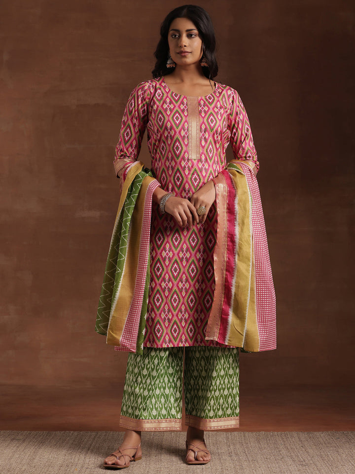 Pink Printed Cotton Straight Suit With Dupatta
