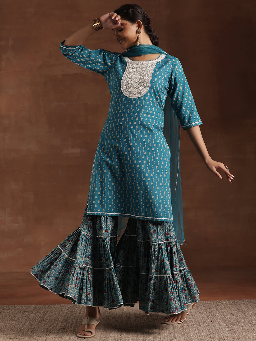 Blue Printed Cotton Straight Suit With Dupatta