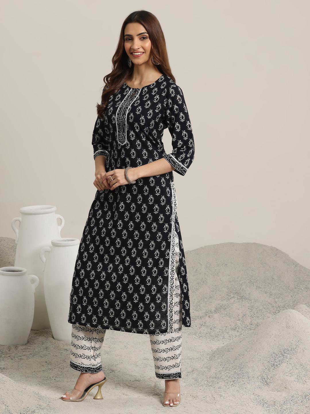 Black Printed Cotton Straight Suit With Dupatta-RESHOOT