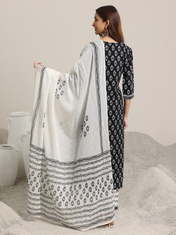 Black Printed Cotton Straight Suit With Dupatta-RESHOOT