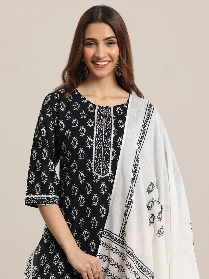 Black Printed Cotton Straight Suit With Dupatta-RESHOOT