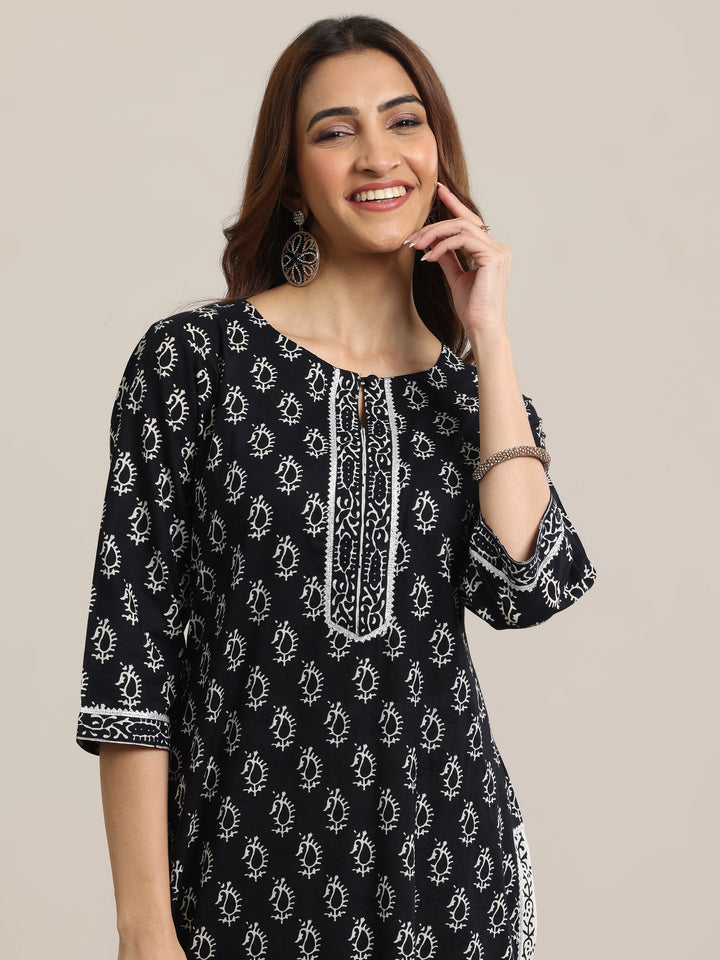 Black Printed Cotton Straight Suit With Dupatta-RESHOOT