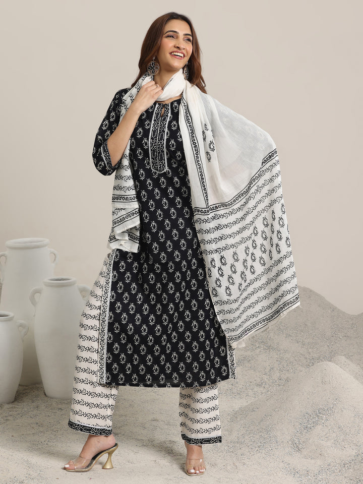 Black Printed Cotton Straight Suit With Dupatta-RESHOOT
