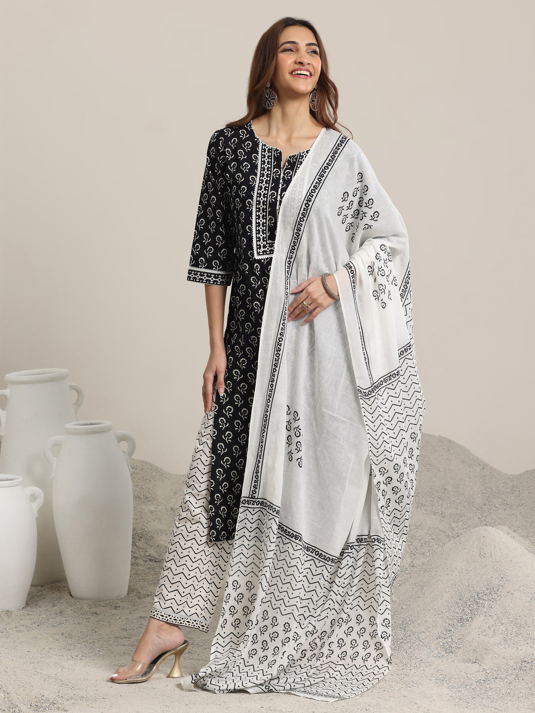 Black Printed Cotton Straight Suit Set With Dupatta
