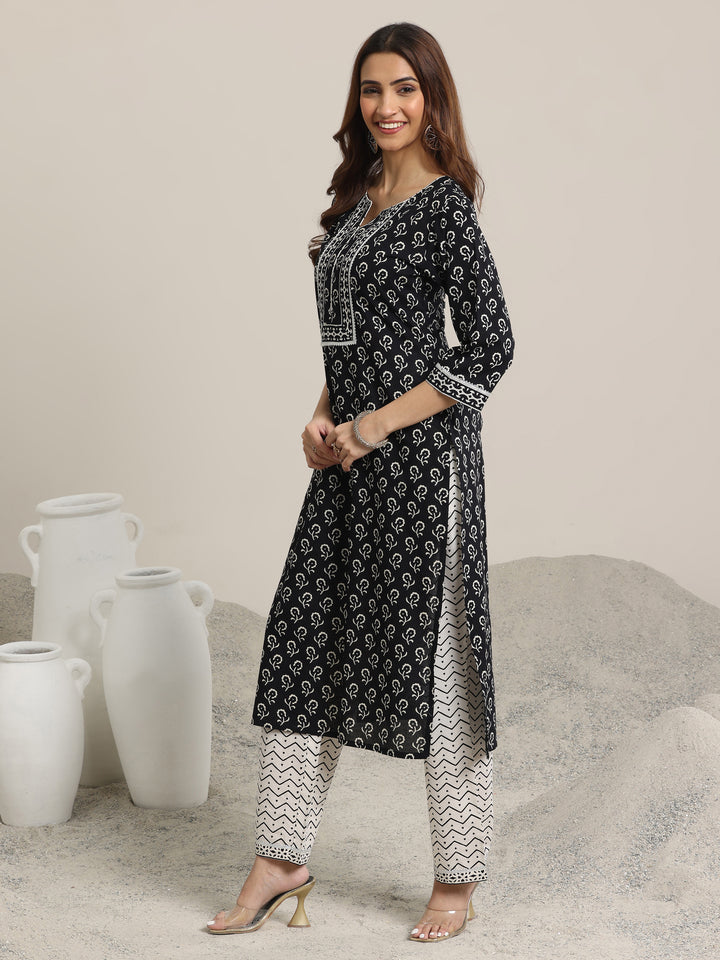 Black Printed Cotton Straight Suit Set With Dupatta