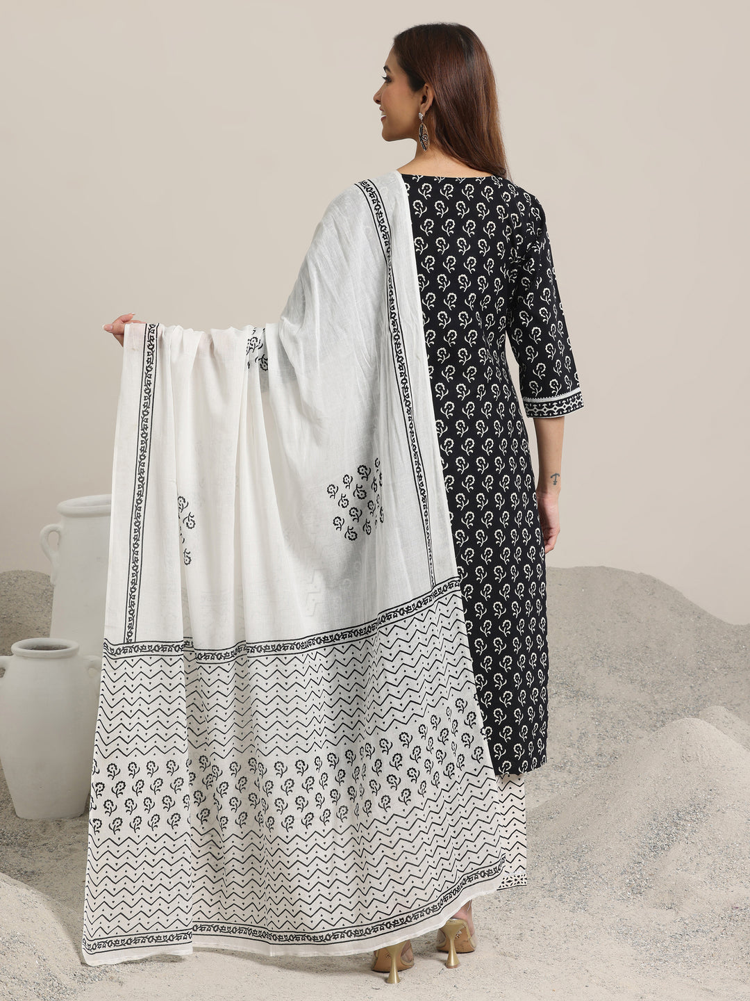 Black Printed Cotton Straight Suit Set With Dupatta