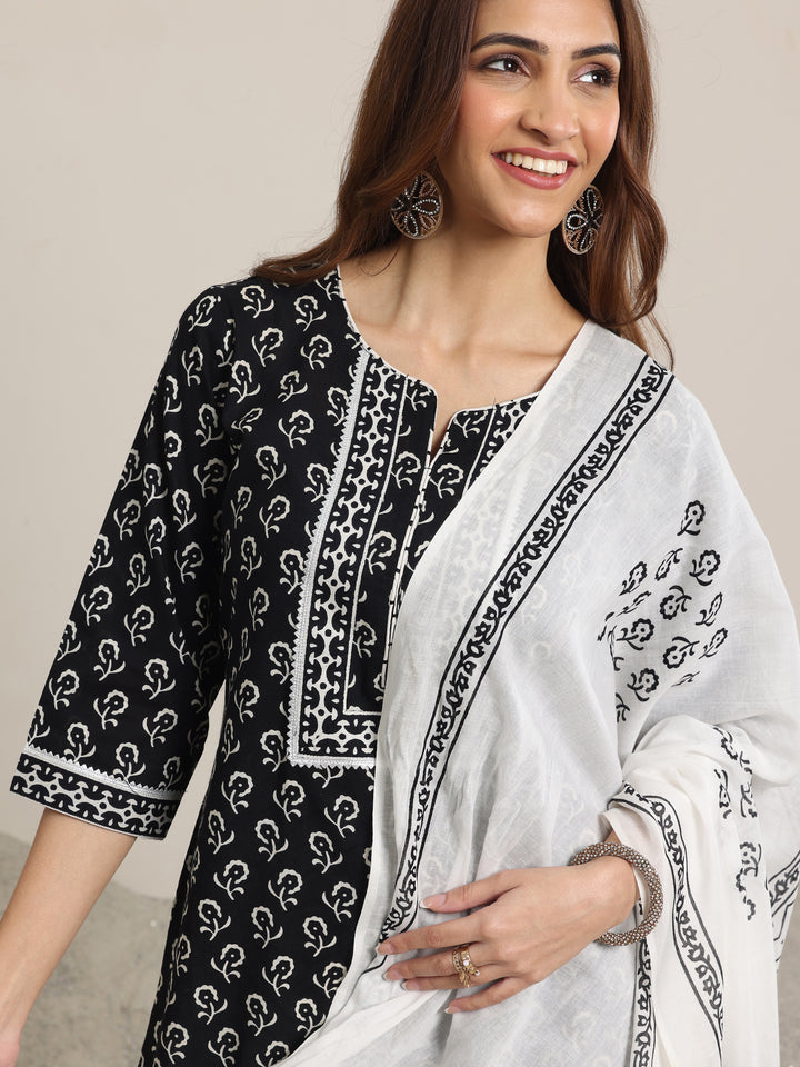 Black Printed Cotton Straight Suit Set With Dupatta