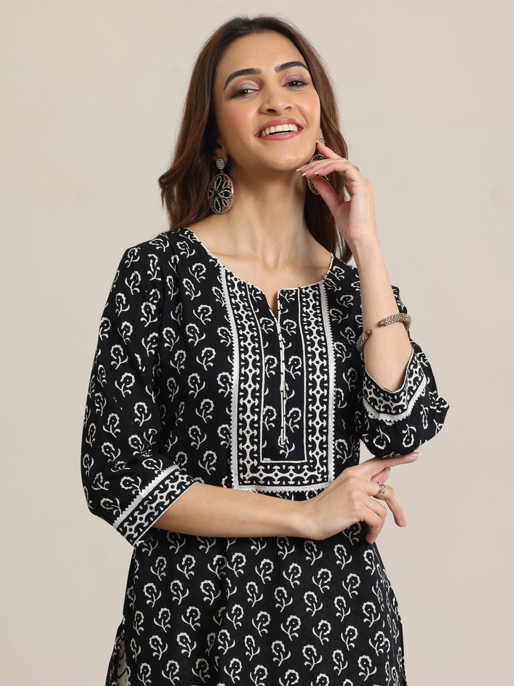 Black Printed Cotton Straight Suit Set With Dupatta