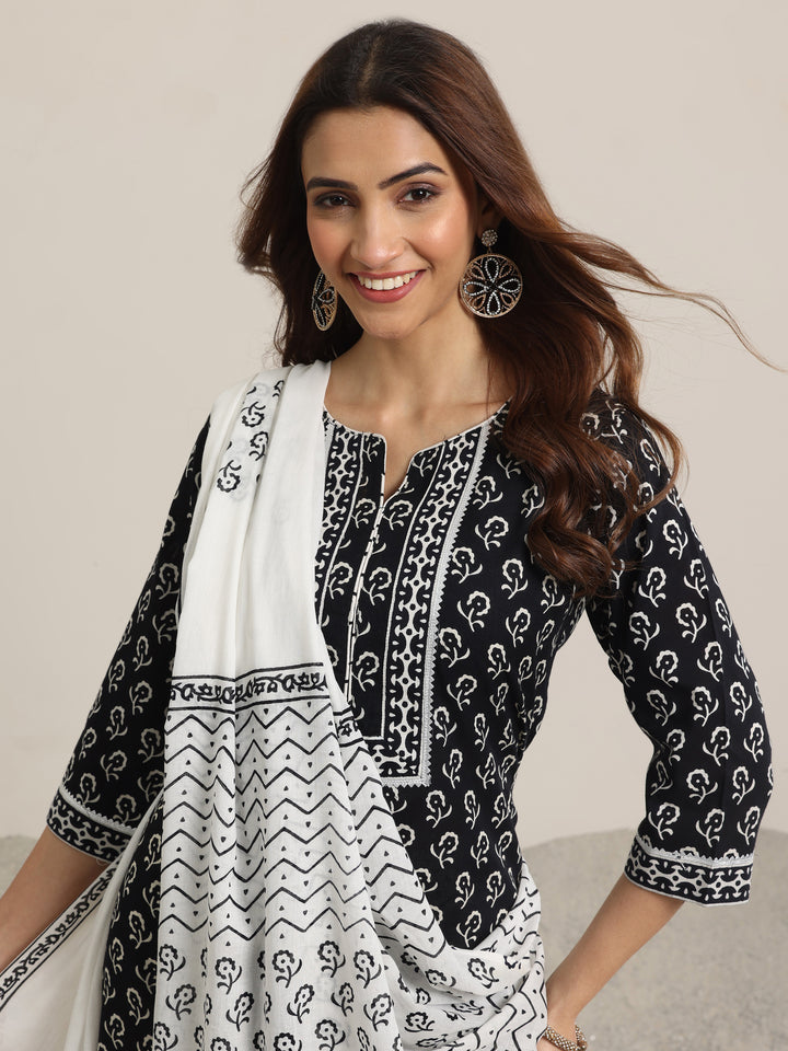 Black Printed Cotton Straight Suit Set With Dupatta