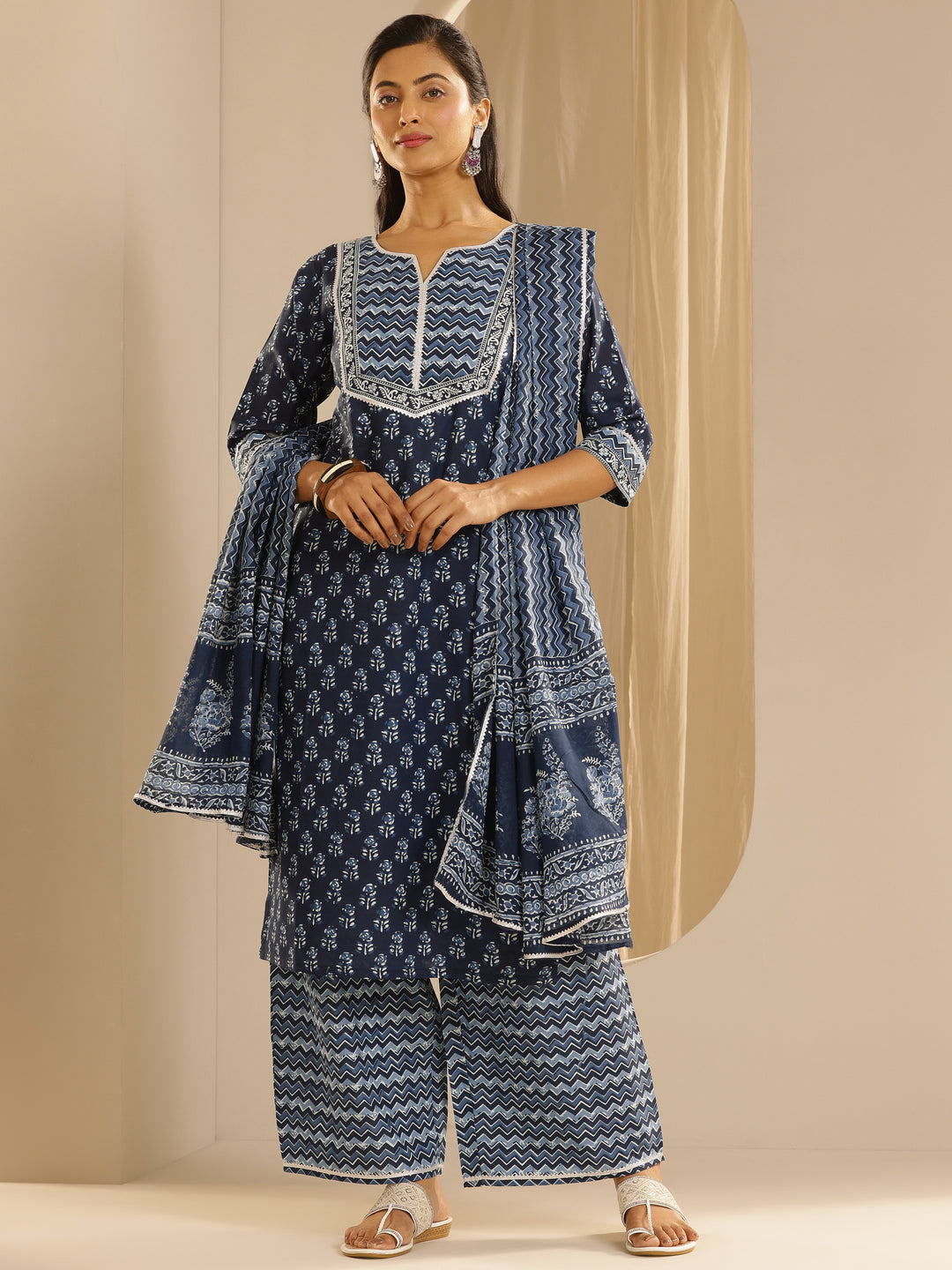 Indigo Printed Cotton Straight Suit With Dupatta