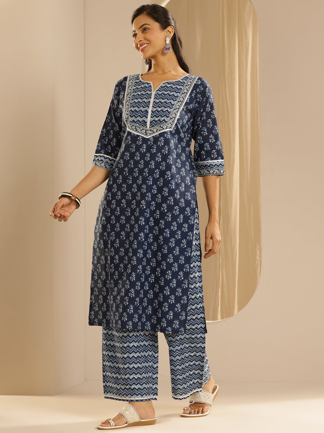 Indigo Printed Cotton Straight Suit With Dupatta