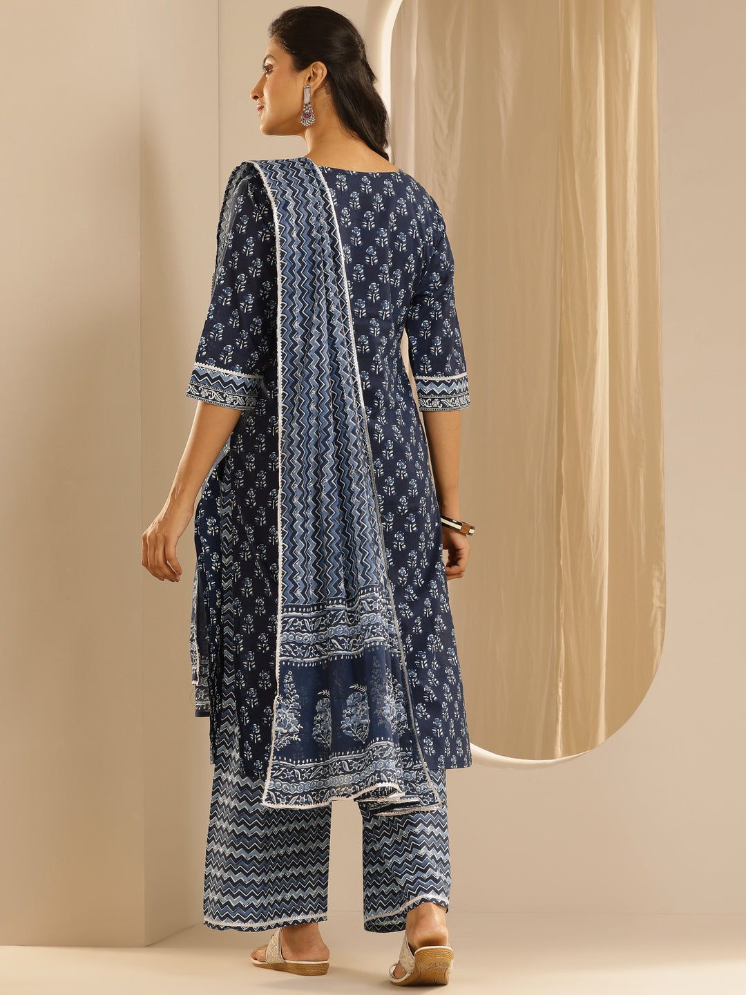 Indigo Printed Cotton Straight Suit With Dupatta