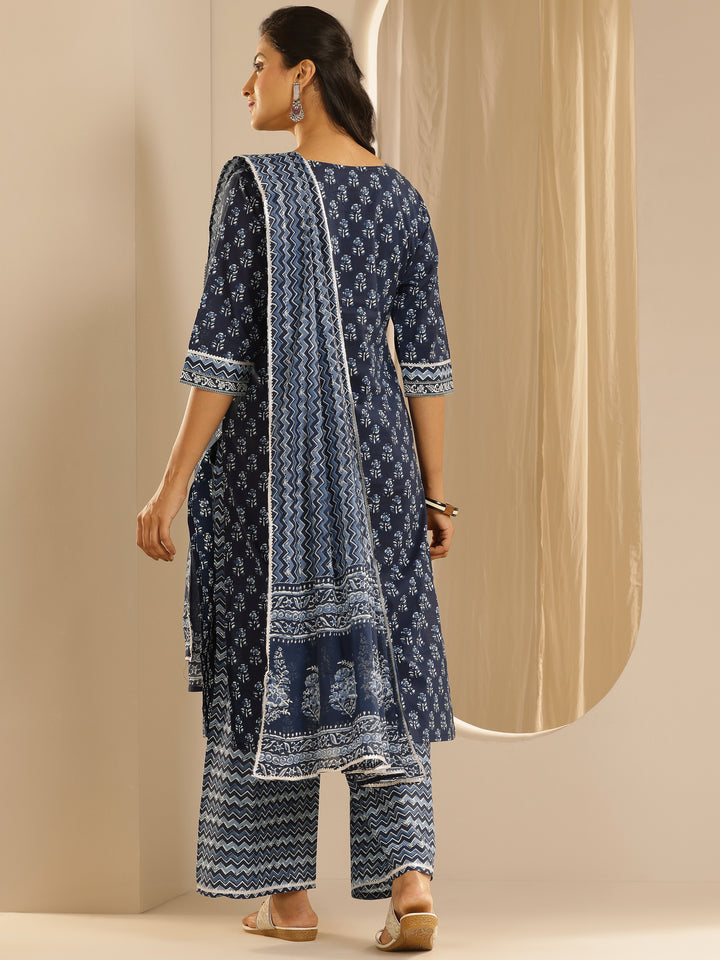 Indigo Printed Cotton Straight Suit With Dupatta