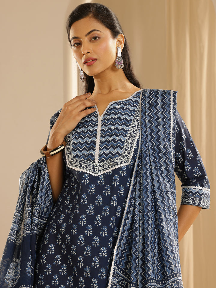 Indigo Printed Cotton Straight Suit With Dupatta