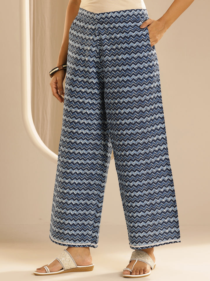 Indigo Printed Cotton Straight Suit With Dupatta