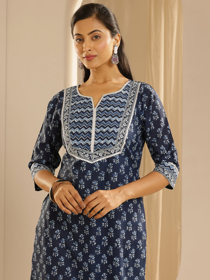 Indigo Printed Cotton Straight Suit With Dupatta