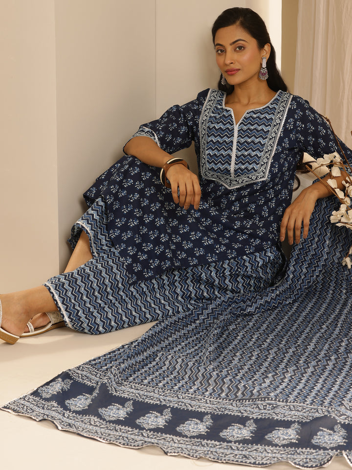 Indigo Printed Cotton Straight Suit With Dupatta