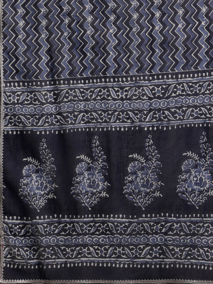 Indigo Printed Cotton Straight Suit With Dupatta