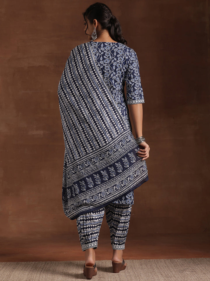 Indigo Printed Cotton Straight Suit With Dupatta