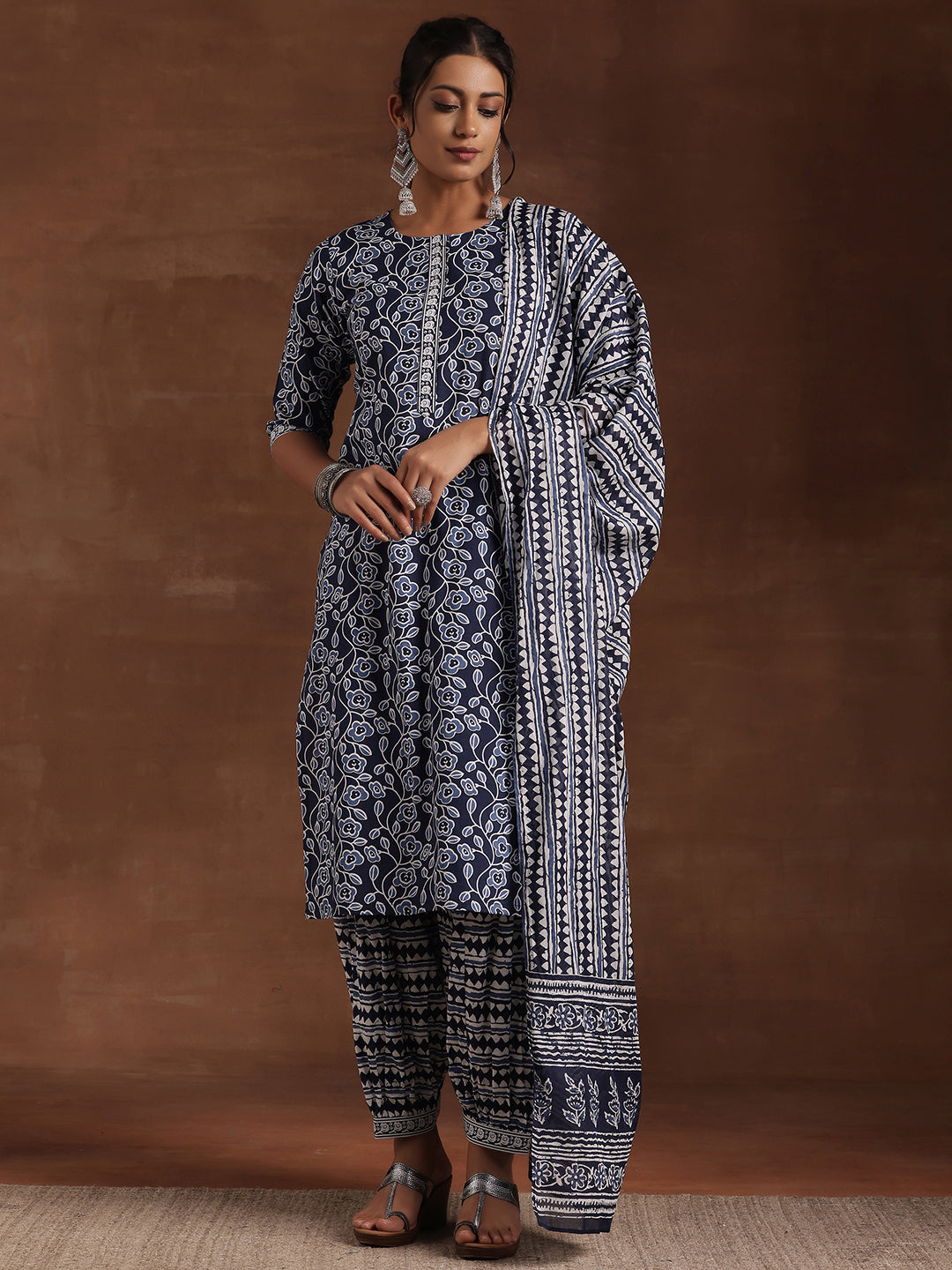 Indigo Printed Cotton Straight Suit With Dupatta