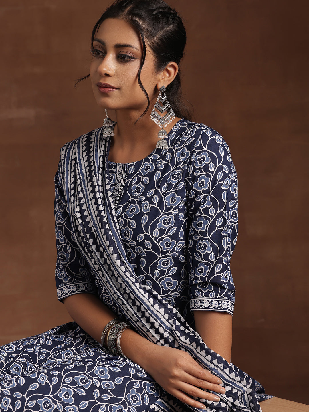 Indigo Printed Cotton Straight Suit With Dupatta