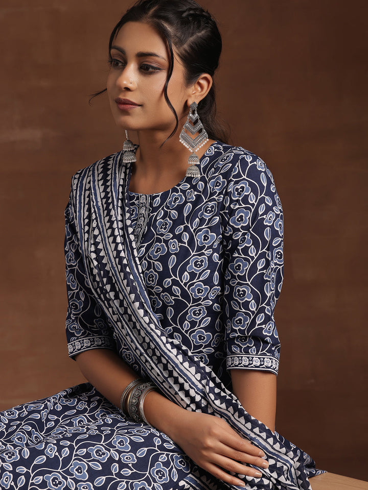 Indigo Printed Cotton Straight Suit With Dupatta