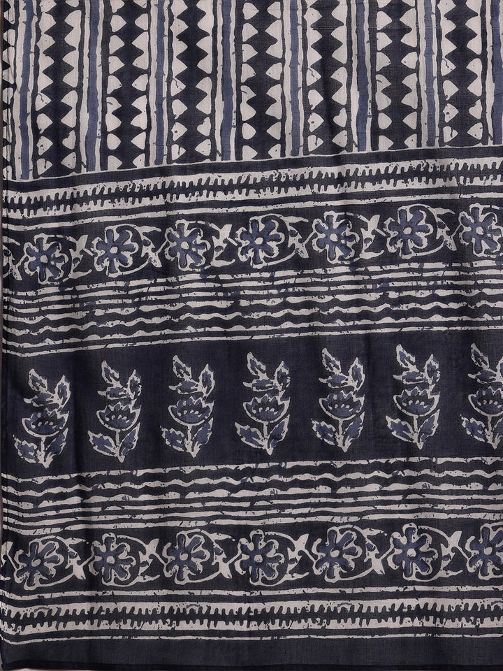 Indigo Printed Cotton Straight Suit With Dupatta