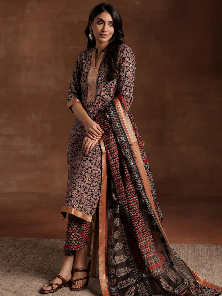 Black Printed Cotton Straight Suit With Dupatta