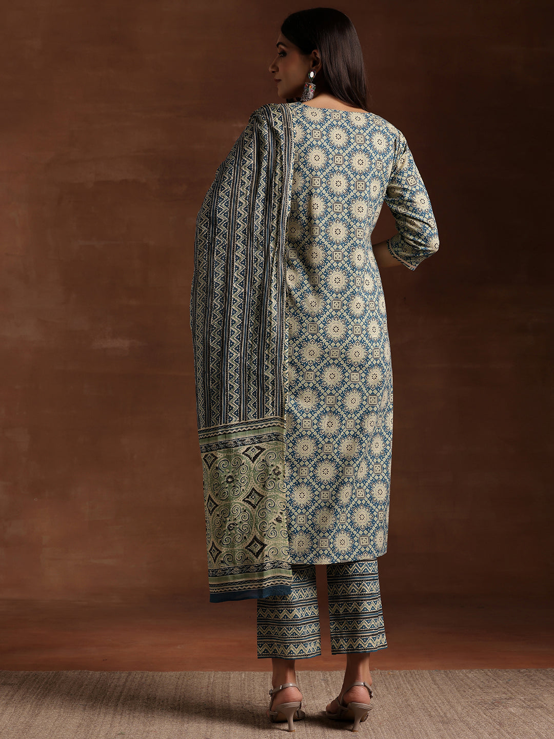Blue Printed Cotton Straight Suit With Dupatta