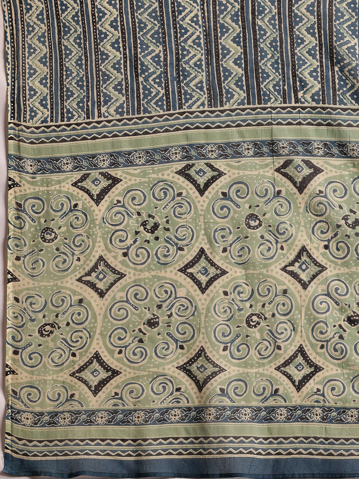 Blue Printed Cotton Straight Suit With Dupatta