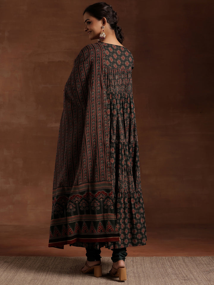 Green Printed Cotton Anarkali Suit With Dupatta