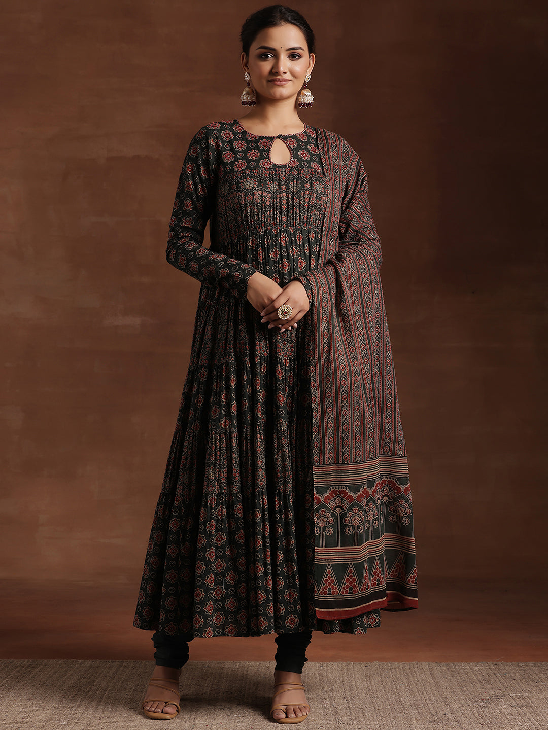 Green Printed Cotton Anarkali Suit With Dupatta