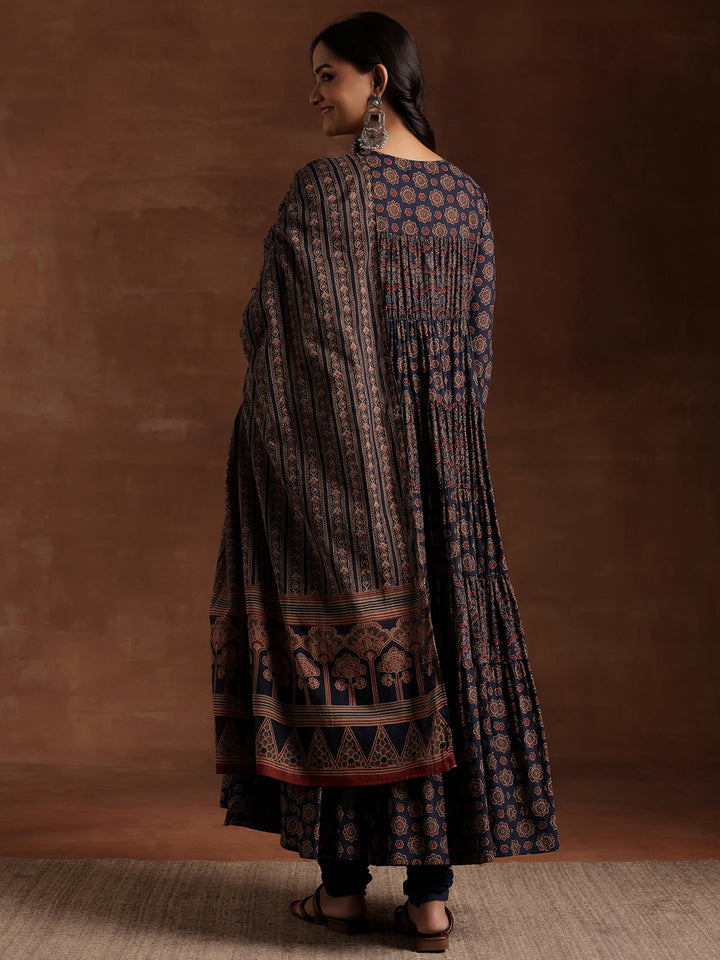 Blue Printed Cotton Anarkali Suit With Dupatta