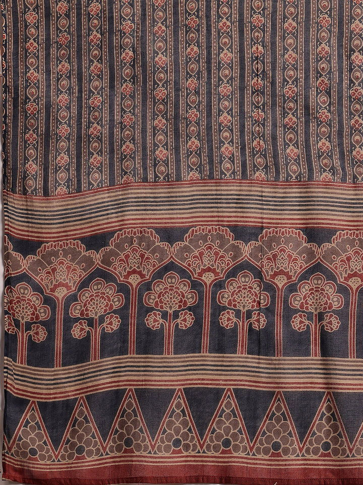 Blue Printed Cotton Anarkali Suit With Dupatta