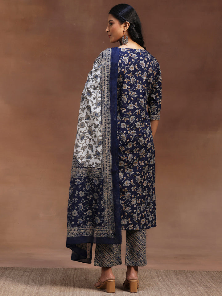 Blue Printed Cotton Straight Suit With Dupatta