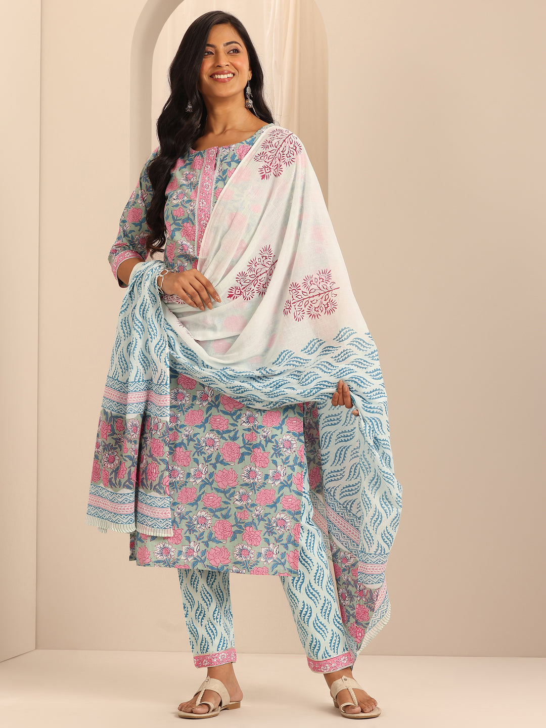 Blue Printed Cotton Straight Suit With Dupatta