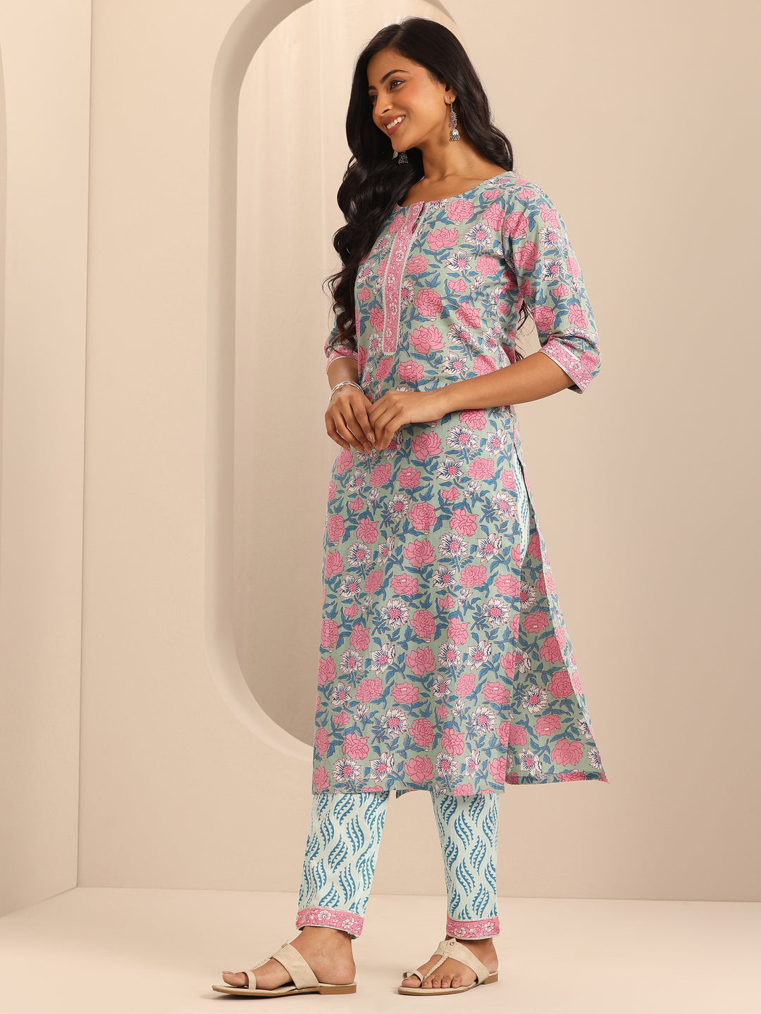 Blue Printed Cotton Straight Suit With Dupatta