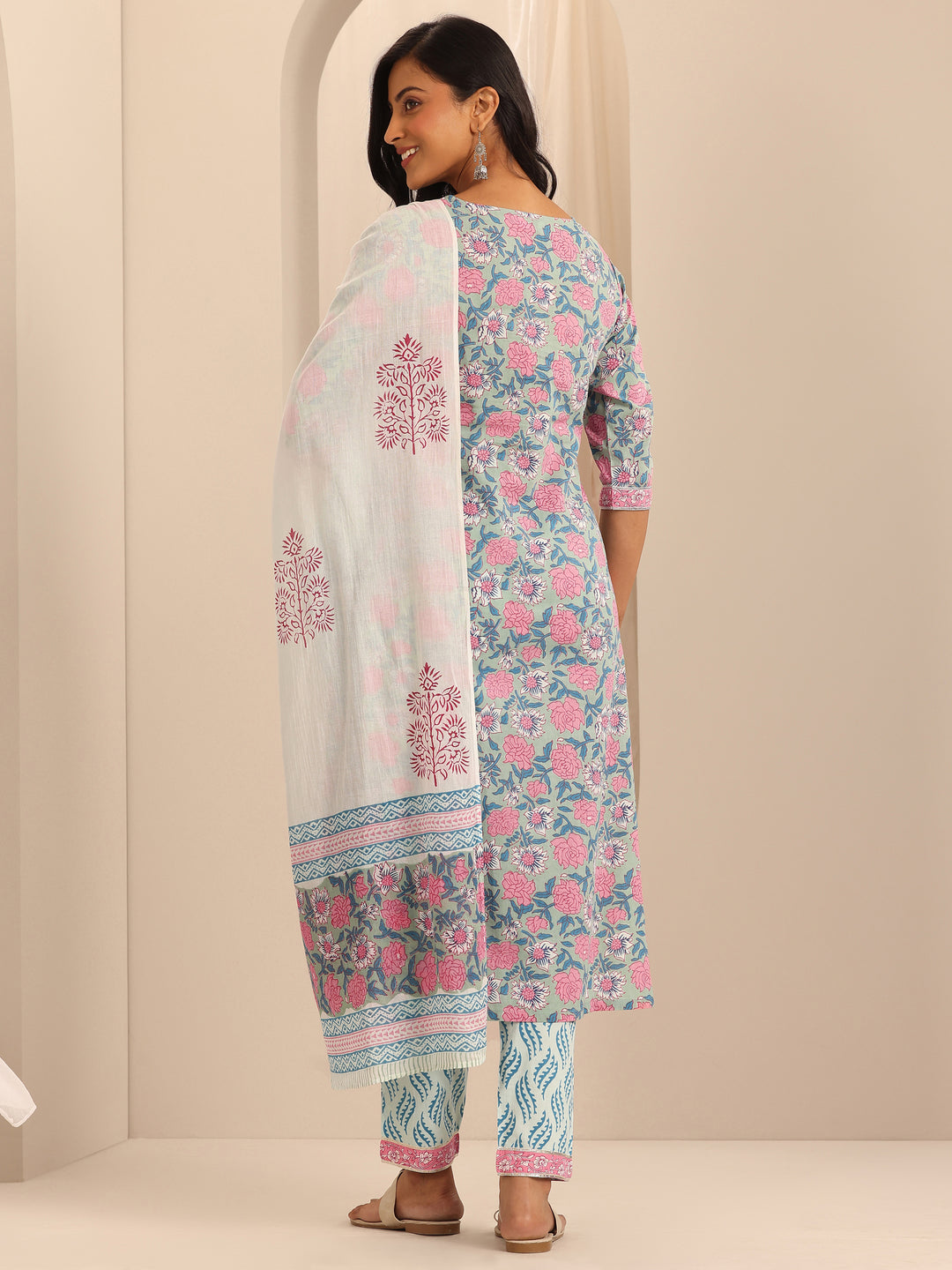 Blue Printed Cotton Straight Suit With Dupatta