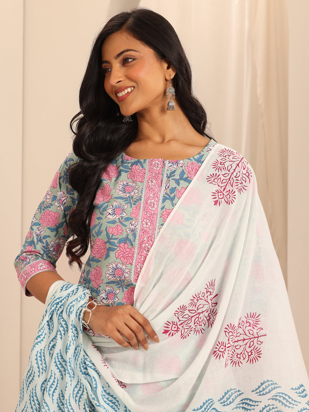 Blue Printed Cotton Straight Suit With Dupatta