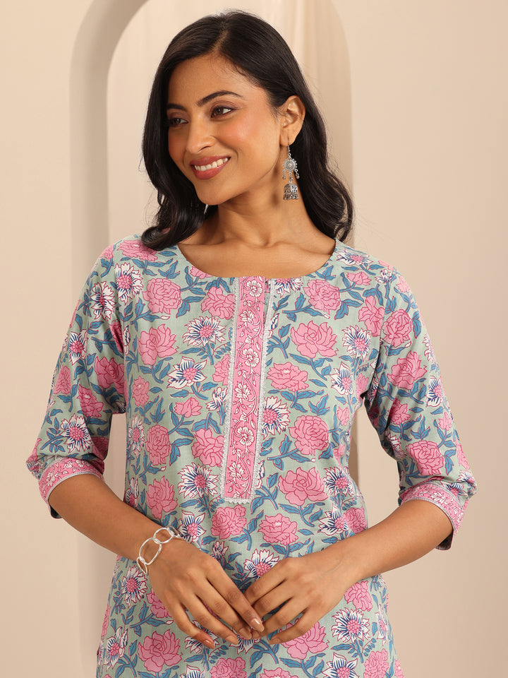 Blue Printed Cotton Straight Suit With Dupatta