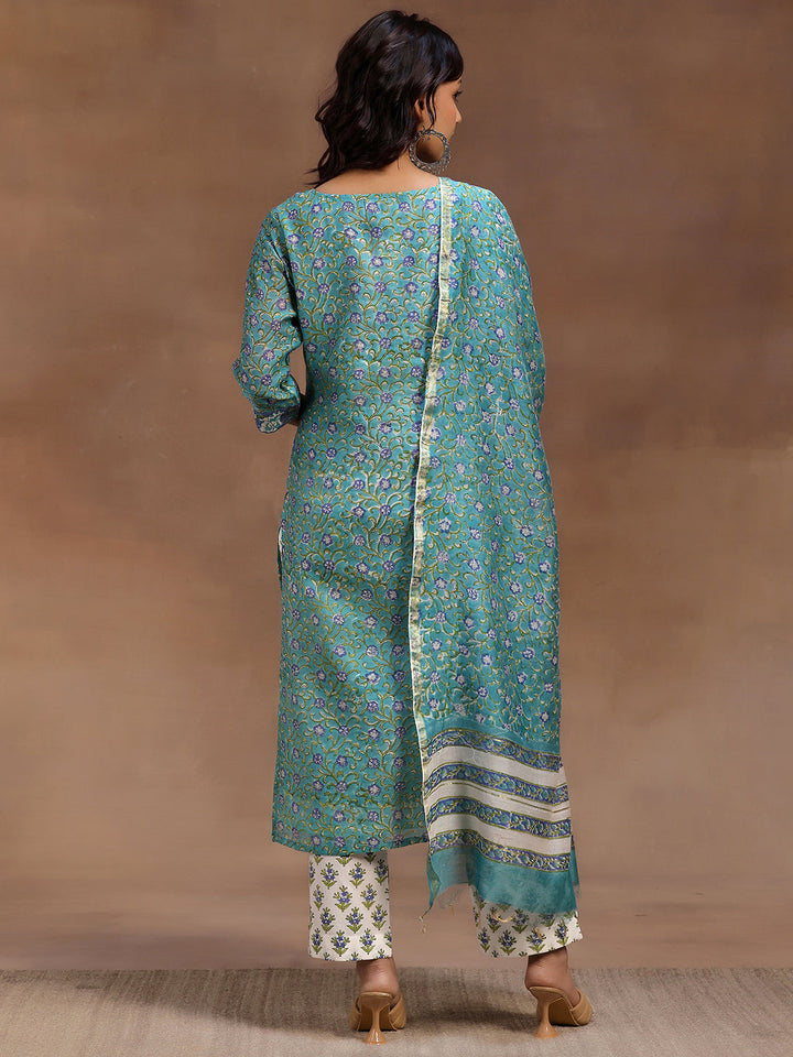 Rama Green Printed Cotton Straight Suit With Dupatta