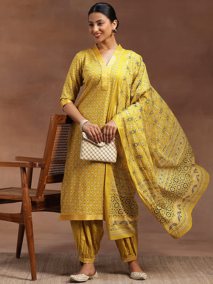 Mustard Printed Cotton Straight Suit With Dupatta